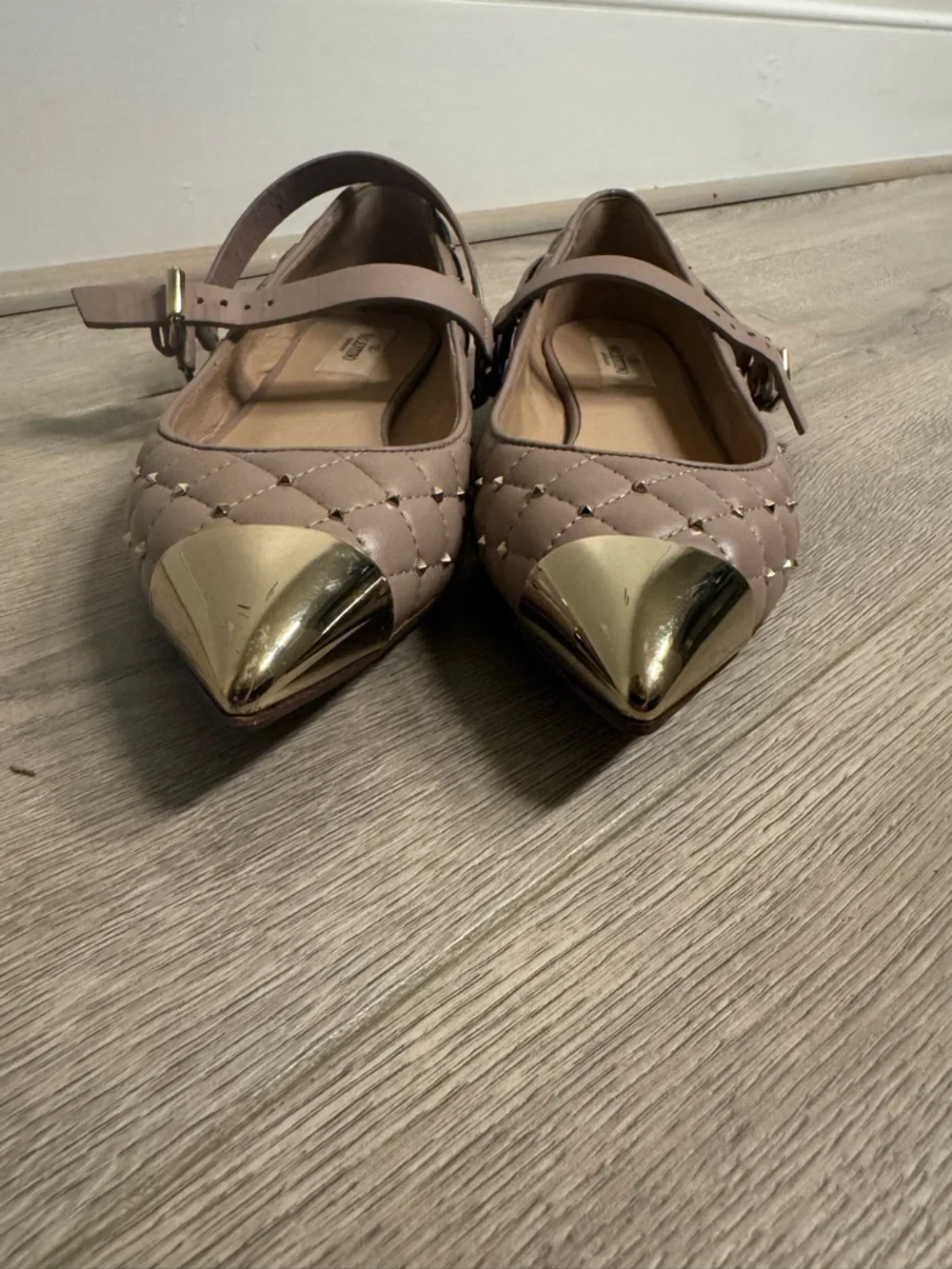 Valentino Quilted Mary Jane Flat with Metallic Point Toe - Nude Blush
